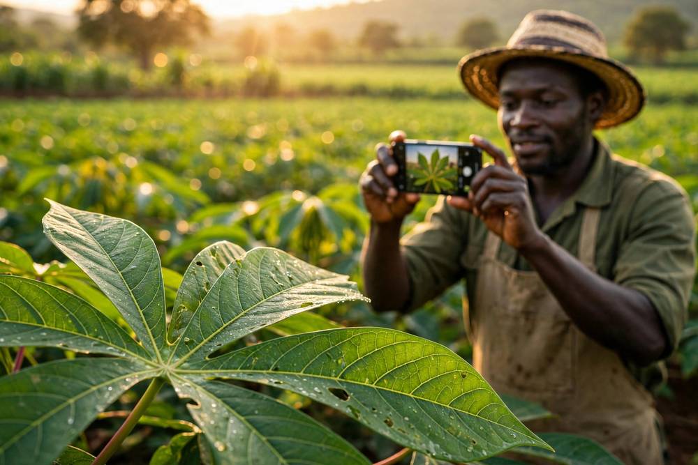 Farmer using a smartphone to photograph a crop leaf